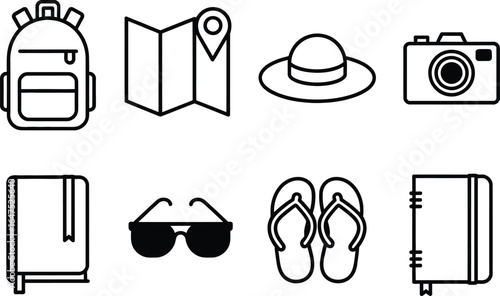 Travel Icon Set Backpack, Map, Hat, Camera, Notebook, Sunglasses, Flipflops In Black Color