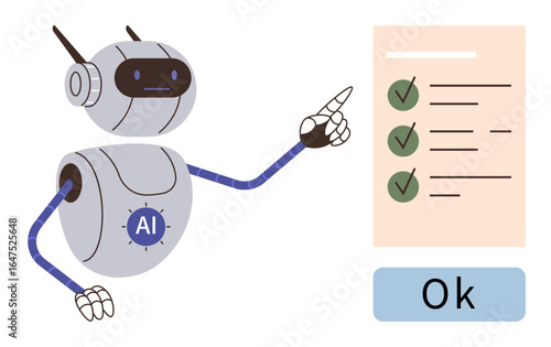 Humanoid AI robot pointing at a clipboard with a checklist and green checkmarks. Ideal for automation, technology, machine learning, task completion, efficiency, robotics, productivity. Concept of