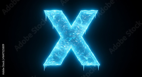Iceic Cold Ice Letter X Glowing with Frost and Icicles on Dark Background