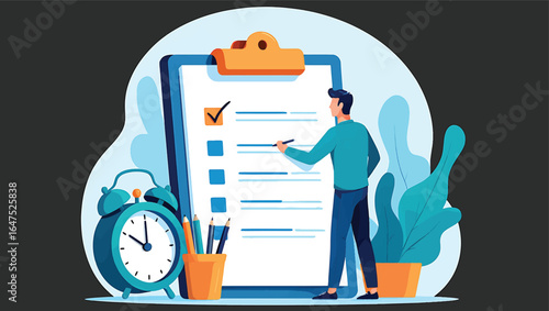 Businessman checking a to-do list on a large clipboard. Flat vector illustration of task management, planning schedule, and project productivity.