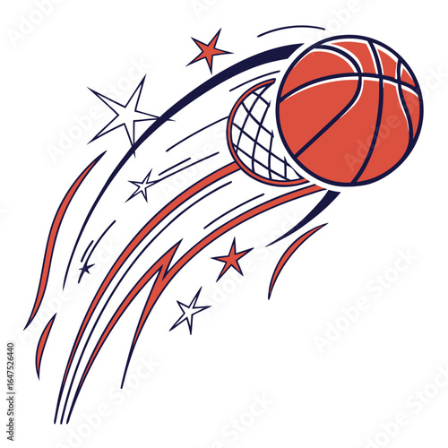Dynamic basketball slam dunk with streaking stars and net elements