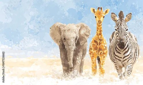 Obraz AKWARELOWE MŁODE SŁONIE, ŻYRAFY I ZEBRY