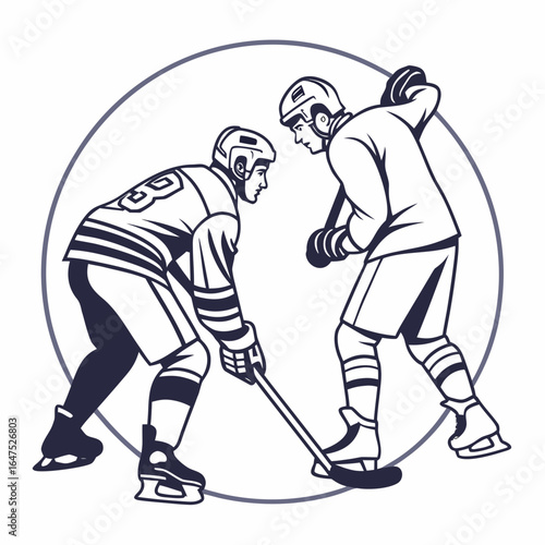 Two hockey players in action during a faceoff inside a circular emblem