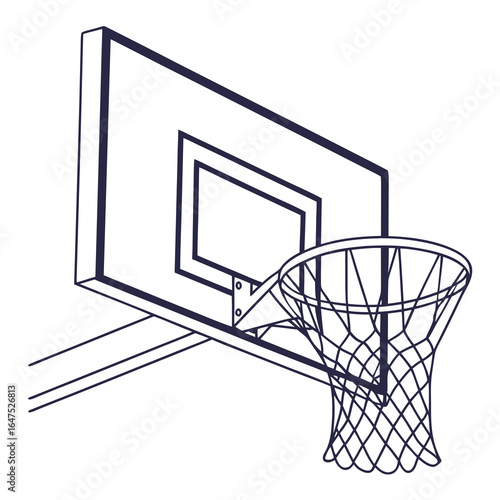 A simple line drawing of a basketball hoop and backboard on a white background