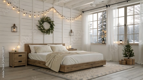 Cozy Holiday Bedroom with String Lights and Natural Decor
