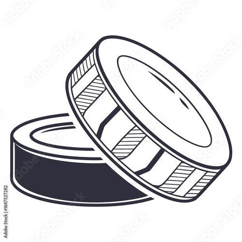 Stylized illustration of two hockey pucks in a dynamic composition