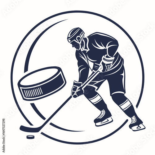 Dynamic hockey player silhouette in action with puck and stick