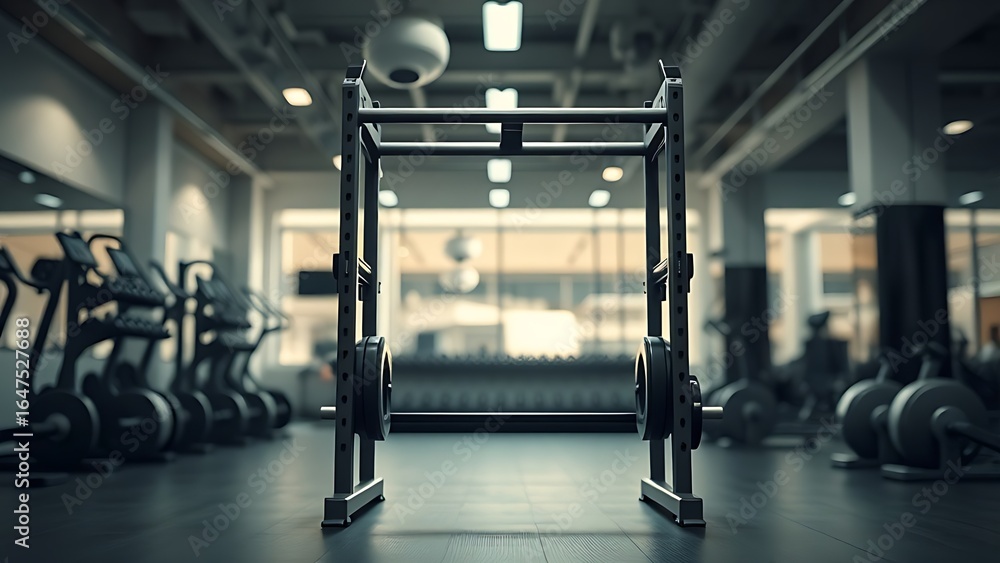 Fototapeta premium Modern fitness space featuring a single weight rack with clean lines, metallic surfaces, and soft overhead lighting.