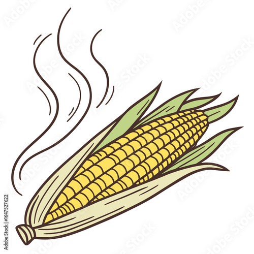A deliciously drawn ear of corn with wisps of steam rising