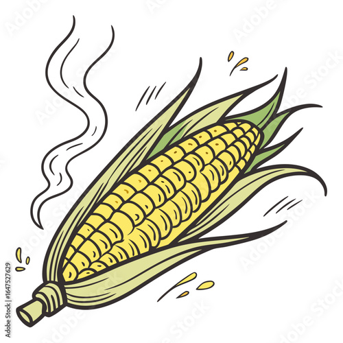 A deliciously drawn ear of corn with steam rising indicating freshness and warmth
