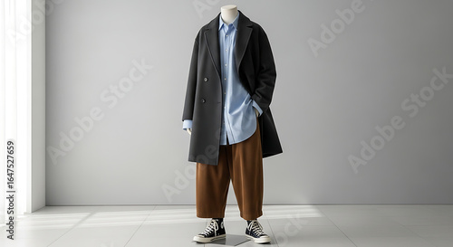 Stylish Men's Winter Fashion Overcoat, Shirt, and Corduroy Pants Outfit