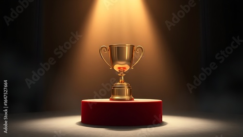 Golden trophy on velvet podium under warm spotlight, symbolizing achievement and elegance.