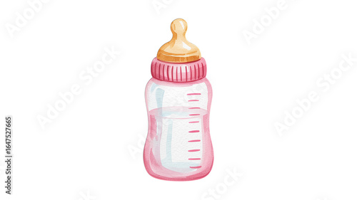 A pink baby bottle with liquid inside against a black background