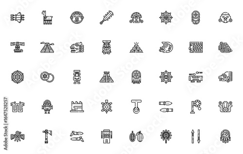 Aztec icon set. Ancient civilization vector collection. Includes symbols for Bow, Alpaca, Tonatiuh, Macuahuitl, Mask, Gold, Pyramid, Quetzalcoatl, Totem, Calendar, Temple and more. Editable stroke.
