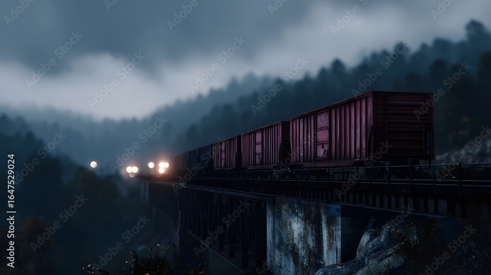 Fototapeta premium Freight train crossing a bridge in a dramatic mountain landscape at night