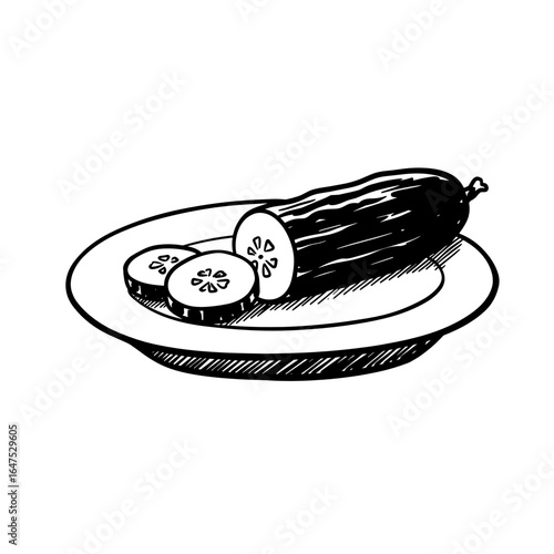 Sliced cucumber on plate drawn in child's black ink style  