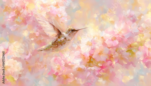 AKWARELOWY KOLIBER W LOCIE WŚRÓD KWIATÓW