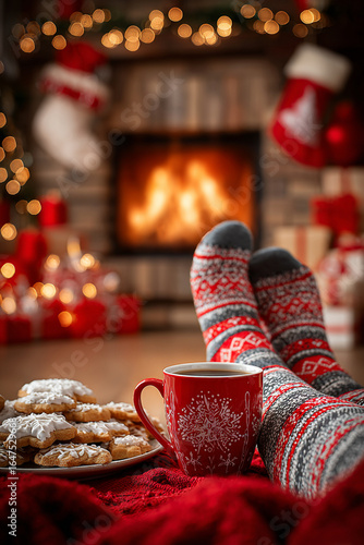 Wallpaper Mural Cozy Christmas scene with striped socks, festive mug, cookies, and warm fireplace background Torontodigital.ca
