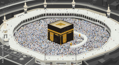 A detailed artistic illustration of the Kaaba at the center, surrounded by pilgrims and various mosque structures, representing the holy city of Mecca.