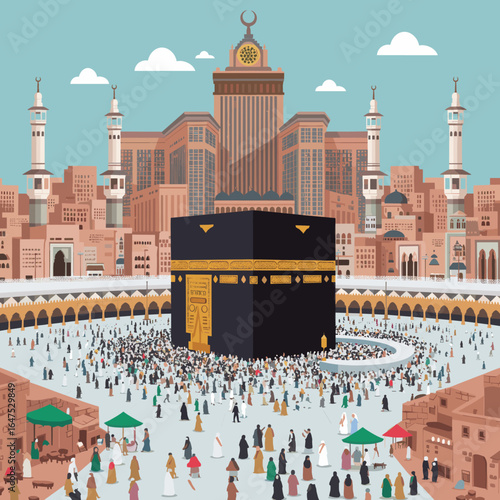A detailed artistic illustration of the Kaaba at the center, surrounded by pilgrims and various mosque structures, representing the holy city of Mecca.