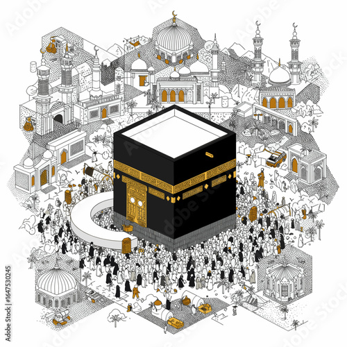 A detailed artistic illustration of the Kaaba at the center, surrounded by pilgrims and various mosque structures, representing the holy city of Mecca.
