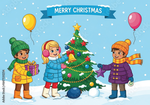 A heartwarming illustration of three children dressed warmly in winter clothing decorating a Christmas tree outdoors in snowy landscape.