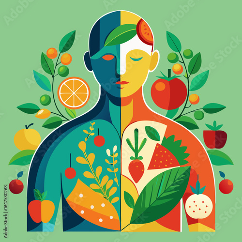 Download An Artistic Representation Of A Human Body Divided Into Two Halves, With Vibrant Organic Elements . This Icon Concept Isolated Premium Vector. 