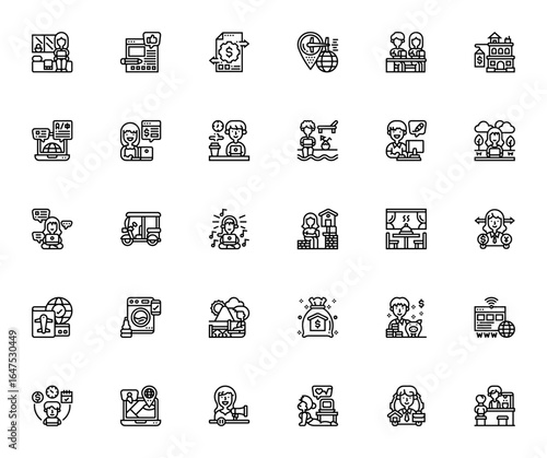 Digital Nomad icon set. Minimal vector illustrations. Includes Hostel, Blogger, Cash flow, Travel, Workspace, Freelancer, Visa, Internet, Map and more. Editable stroke.