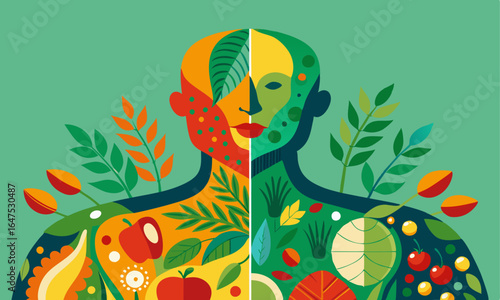 Download An Artistic Representation Of A Human Body Divided Into Two Halves, With Vibrant Organic Elements . This Icon Concept Isolated Premium Vector. 