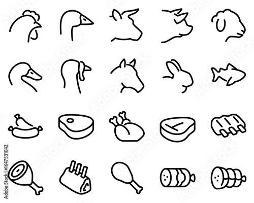 Simple set of meat vector icons. Contains icons such as pork, beef, goose, rabbit, duck, horse, turkey, fish and more.	