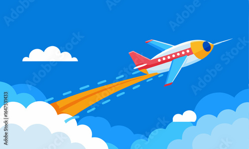 Download Air Plane Flies In The Blue Sky Above The Clouds, Leaving Trail Behind It. Vector Illustration . This Icon Concept Isolated Premium Vector. 