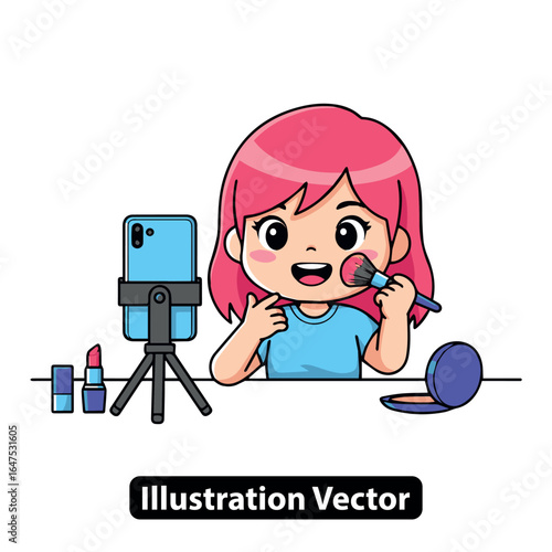 Cute cartoon girl beauty vlogger recording a makeup tutorial with a smartphone