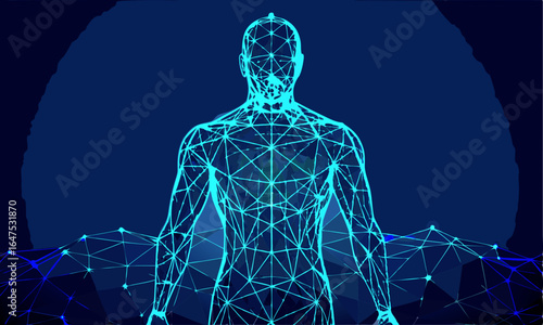 Download Abstract Digital Human Body. Polygonal Wireframe Silhouette. Low Poly Anatomy Blue Background. Technology Futuristic Man Or Woman Model . This Icon Concept Isolated Premium Vector. 
