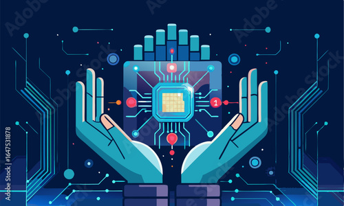 Download Abstract Digital Hands Holding  Semiconductor Ai Chip Hologram On Technology Blue Background . This Icon Concept Isolated Premium Vector. 