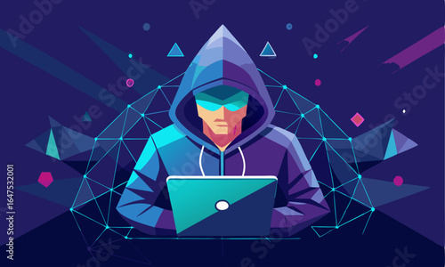 Download Abstract Polygonal Hacker With Laptop On Technology Dark Background . This Icon Concept Isolated Premium Vector. 