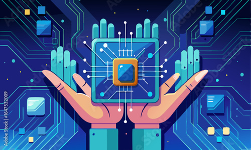 Download Abstract Digital Hands Holding  Semiconductor Ai Chip Hologram On Technology Blue Background . This Icon Concept Isolated Premium Vector. 