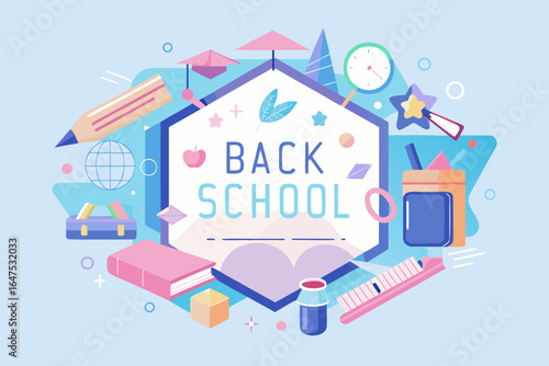Modern Educational Hexagon Design with Classroom Tools Illustration