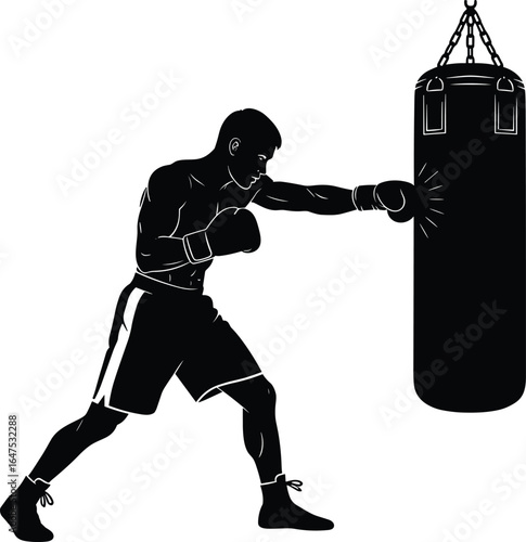 Boxer punching heavy bag silhouette, boxing training exercise, fitness workout, combat sport illustration, strength, power, athletic discipline, gym icon design