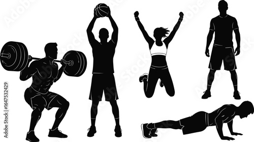Five workout sport silhouettes, barbell squat, medicine ball lift, jump, standing pose, push‑up, fitness training, gym exercise, strength, dynamic movement illustration
