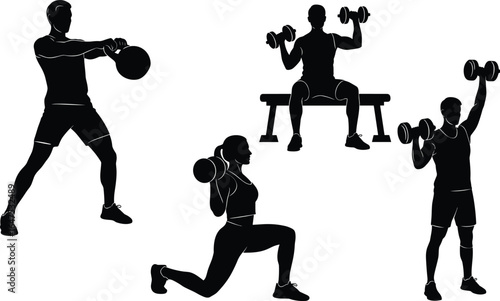Four exercise silhouettes — kettlebell swing, seated dumbbell shoulder press, lunge with dumbbell, standing dumbbell shoulder press, fitness training illustration set