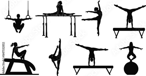 Seven gymnast silhouettes — rings, parallel bars, split leap, pommel horse, vault, split handstand, balance on ball, gymnastics movement illustration set