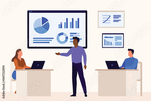 Vector illustration of a young man at a desk working on a laptop, concept of remote work, freelancing, and online business.
