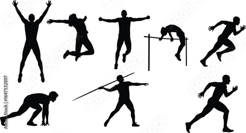 Seven athletic sport silhouettes, jumping, leaping, sprinting, javelin throw, high jump, fitness poses, gym training, strength, speed, dynamic movement illustration