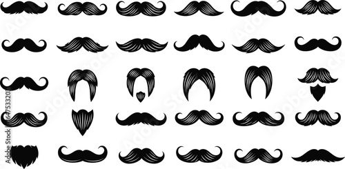 Silhouettes of mustache and beard styles, various facial hair shapes, grooming reference, barbershop design element, male fashion, vector illustration set