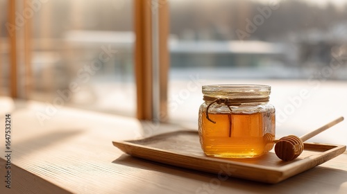 A jar of honey on a wooden tea tray, with an outdoor view in the background, minimalist style, macro details and textures, bright colors enhance the vitality and sophistication.