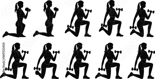 Silhouettes showing eight stages of dumbbell lunge exercise, fitness training sequence, workout posture reference, strength building, sport movement vector illustration
