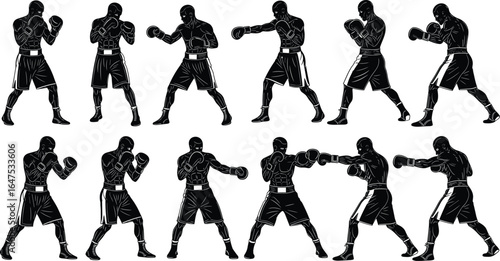 Twelve boxing sport silhouettes, punching, jabs, hooks, uppercuts, sparring poses, fight training, martial arts workout, strength, speed, dynamic combat illustration