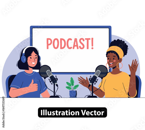 Podcast Recording Two Friends Chatting into Microphones in a Cozy Studio Setting