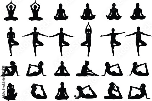 Twenty‑five yoga silhouettes — seated meditation, tree pose, floor stretches, balance poses, flexibility training, wellness exercise illustration set for fitness and lifestyle