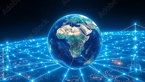 Earth rotates with glowing energy lines connecting to futuristic power stations.